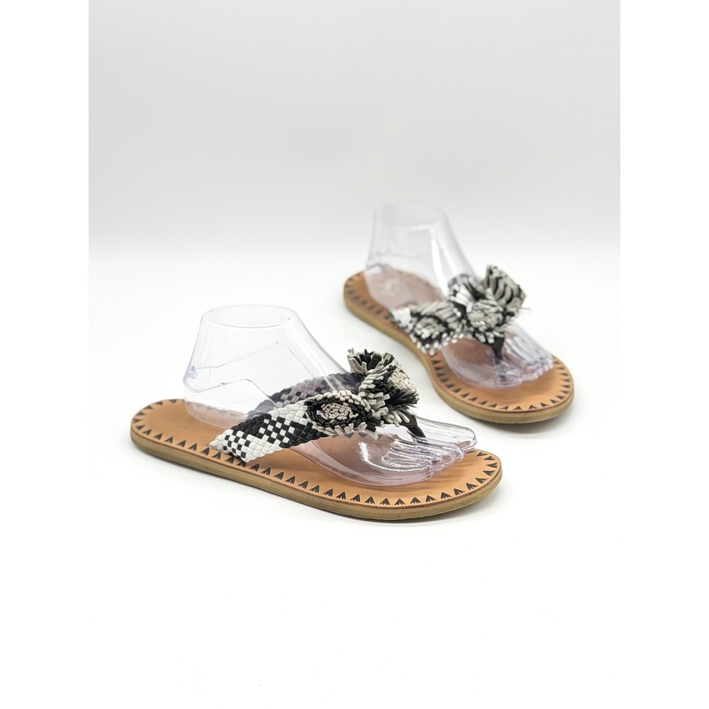 Kate Spade Fringe Flip Flop Sandals Women 9 Black White Woven Pom Pom Thong Flat